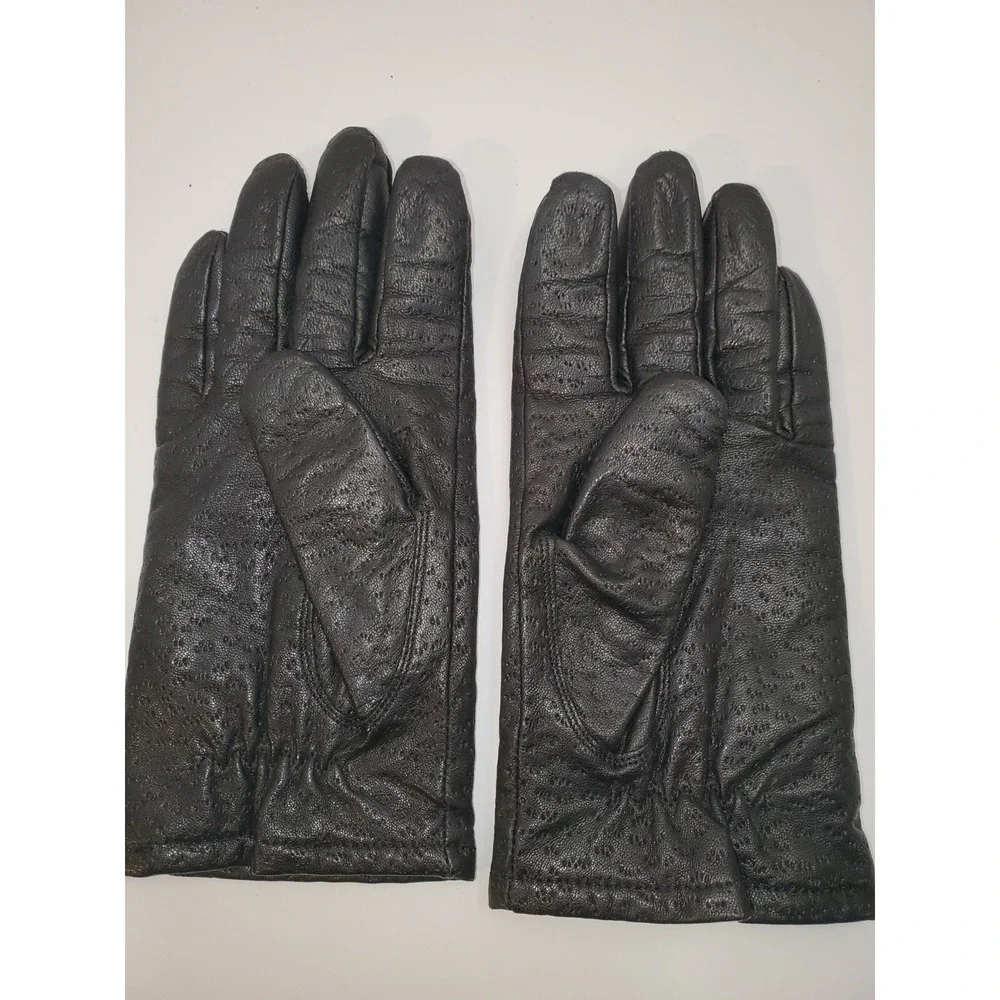 LADIES BLACK LEATHER WINTER GLOVES ACRYLIC KNIT LINING SIZE MEDIUM CLEAN